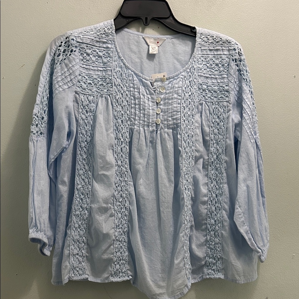 intro. Light Blue Crochet Panel Peasant Blouse